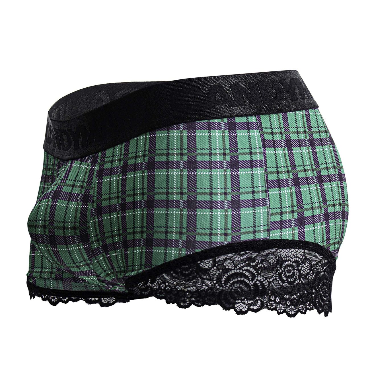 Green and purple plaid men’s trunks with black lace trim and branded elastic waistband candy man 99821 back to school