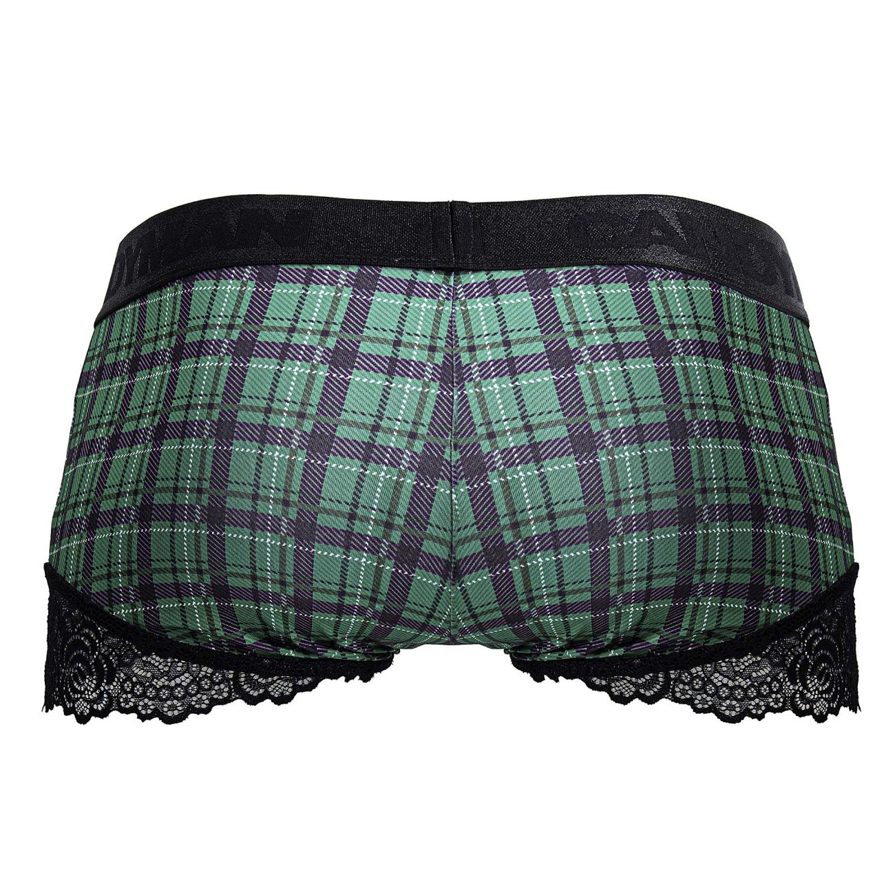 Green and black plaid briefs with black lace trim from candyman 99821 back to school trunks collection