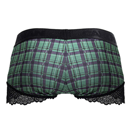 Green and black plaid briefs with black lace trim from candyman 99821 back to school trunks collection