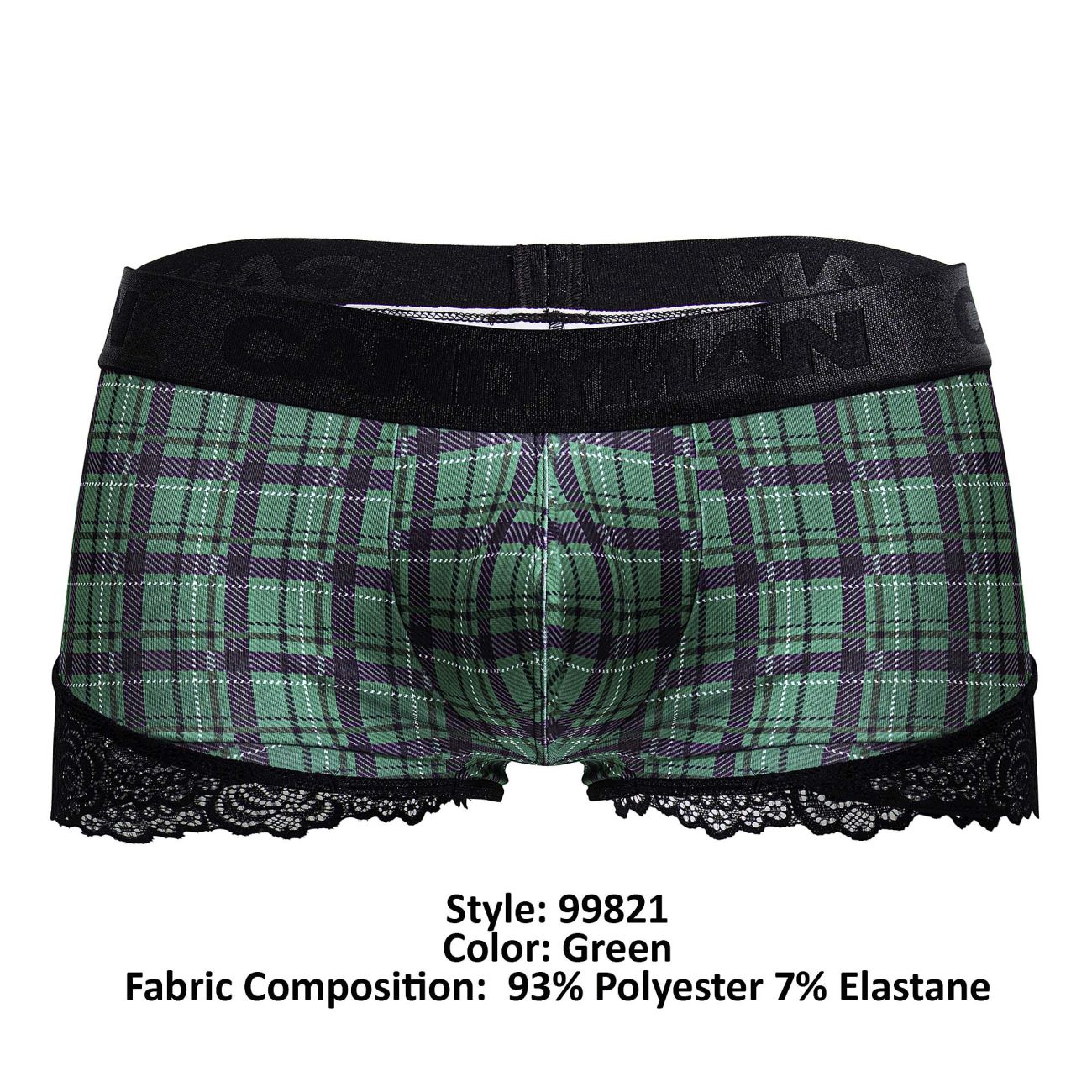 Green plaid men’s boxer briefs candyMan 99821 with black lace trim and elastic waistband back to school trunks