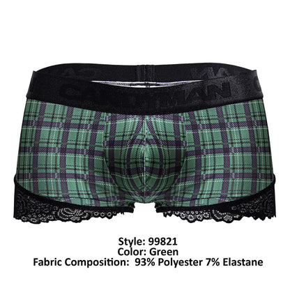 Green plaid men’s boxer briefs candyMan 99821 with black lace trim and elastic waistband back to school trunks