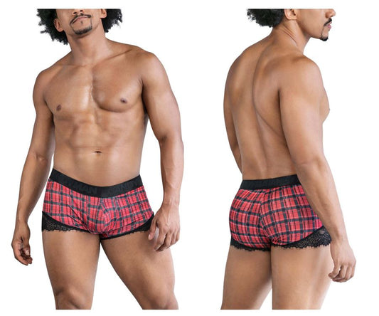 Red and black plaid cotton boxer briefs with lace trim from candyman 99821 back to school trunks collection