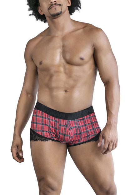 Red and black plaid boxer briefs with lace trim candyMan 99821 back to school trunks in red plaid