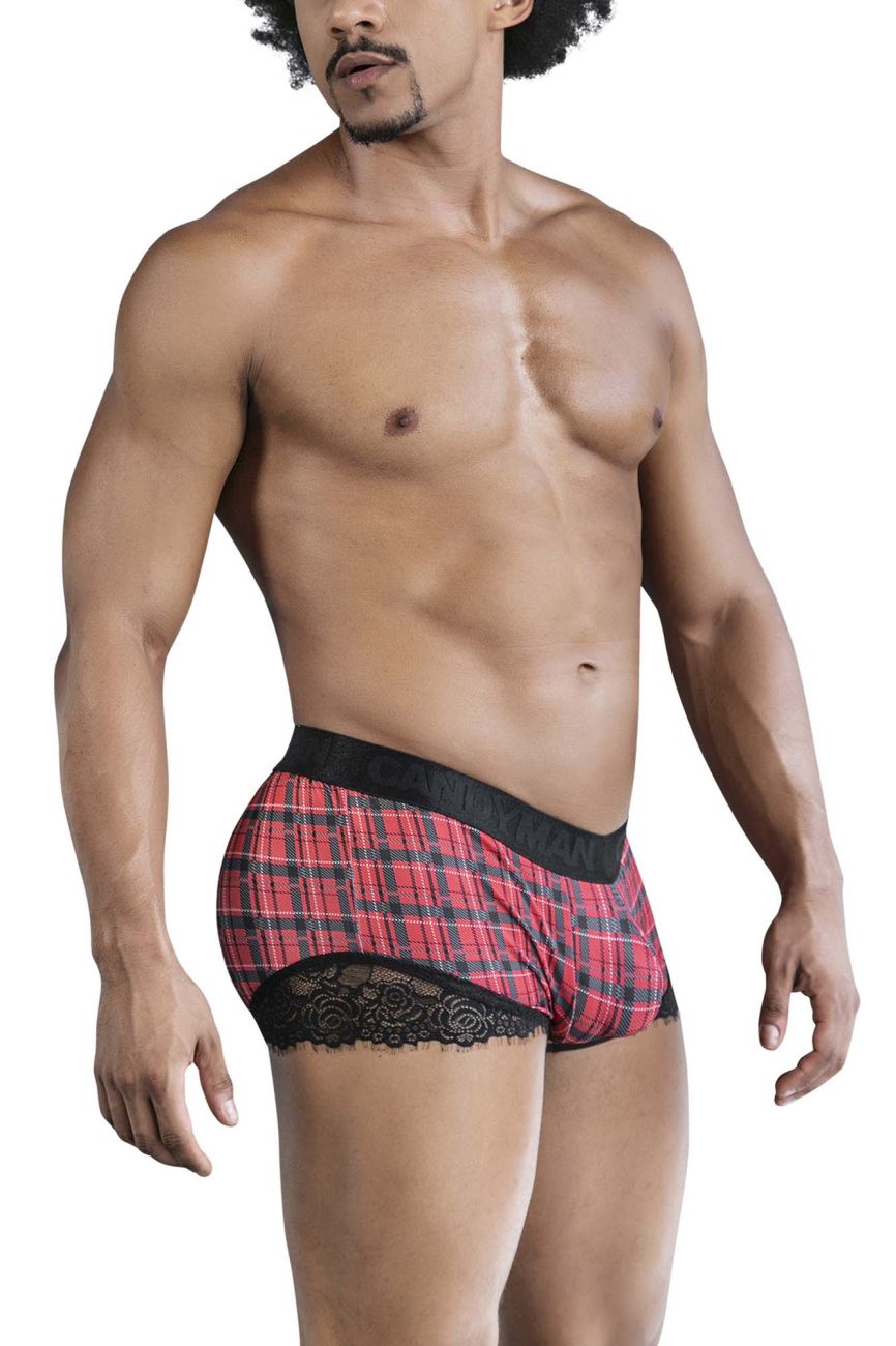 Red and black plaid boxer briefs with lace trim candy man 99821 back to school trunks color red plaid
