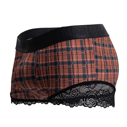 Candyman 99821 back to school trunks in red and black plaid with black lace trim boxer briefs front view