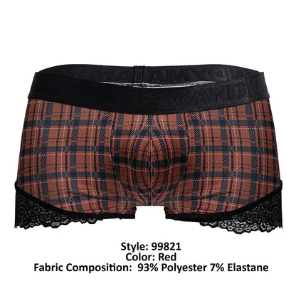 CandyMan 99821 back to school red plaid boxer briefs with black lace trim and black elastic waistband