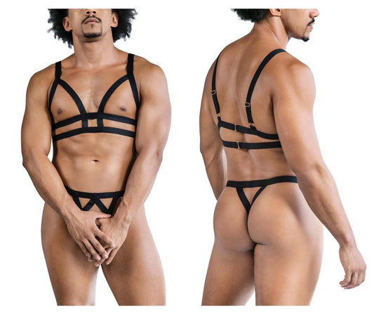 Black strappy harness-style lingerie set candyMan 99822 with adjustable straps and metallic buckles front view