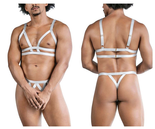 White satin harness-style lingerie set in gray with adjustable straps and minimalist design by candyman 99822 two piece outfit