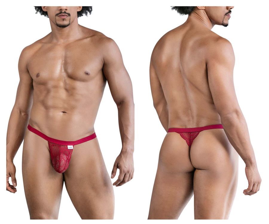 Red lace thong with solid red waistband and intricate pattern from candyman 99823 lace thongs color wine collection
