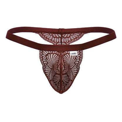 Maroon lace thong with butterfly pattern and elastic waistband from candyman 99823 lace thongs color wine