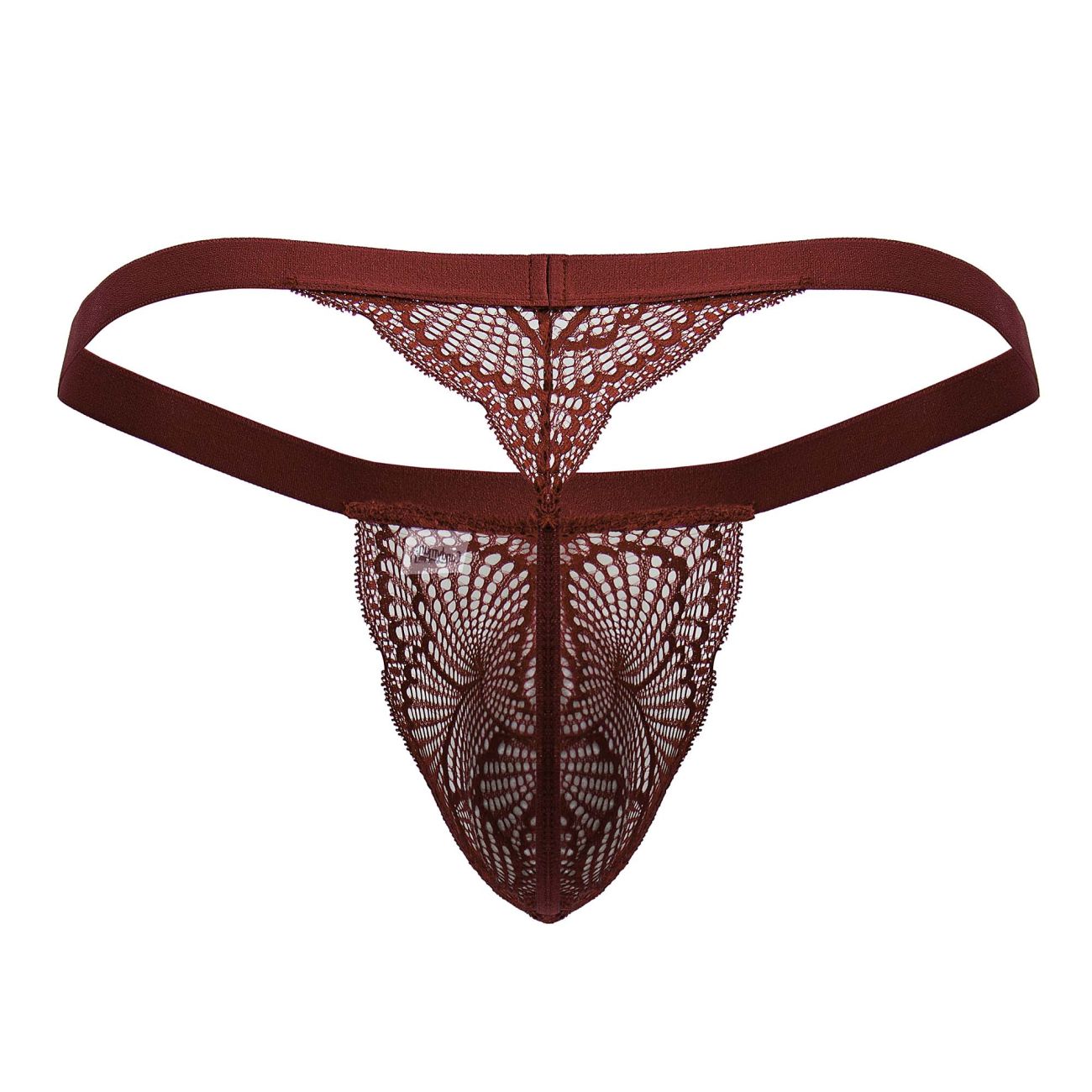 A maroon lace thong candyMan 99823 with intricate pattern and elastic waistband in wine color shown from the back