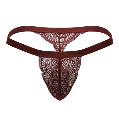 A maroon lace thong candyMan 99823 with intricate pattern and elastic waistband in wine color shown from the back