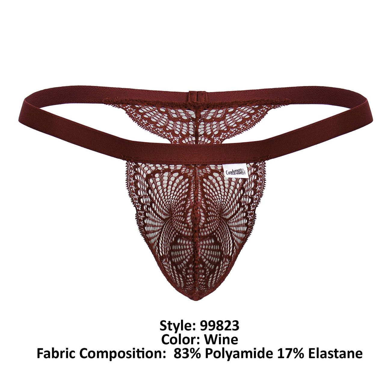 Wine-colored lace thong candyman 99823 featuring delicate intricate pattern and elastic waistband front view