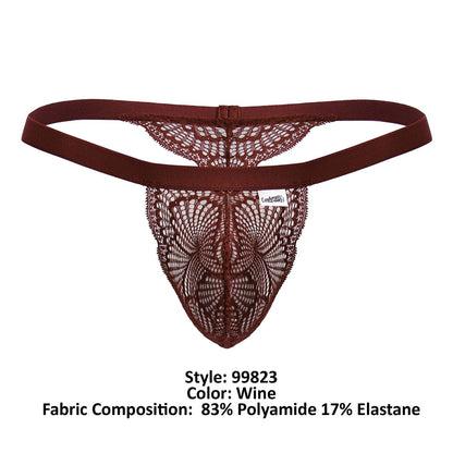 Wine-colored lace thong candyman 99823 featuring delicate intricate pattern and elastic waistband front view