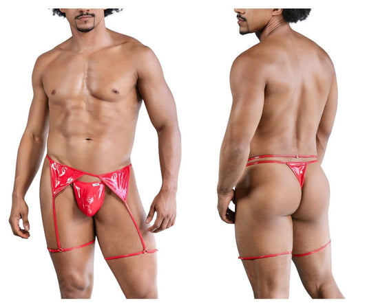Red shiny latex thong with matching leg straps from candyman 99825 dom outfit in red shown from the back side