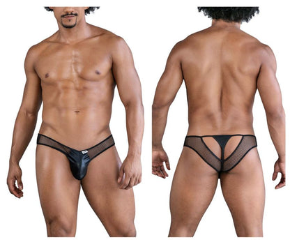 CandyMan 99826 black fishnet thong with shiny glossy front panel and cutout design in black mesh material