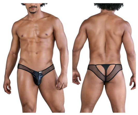CandyMan 99826 black fishnet thong with shiny glossy front panel and cutout design in black mesh material