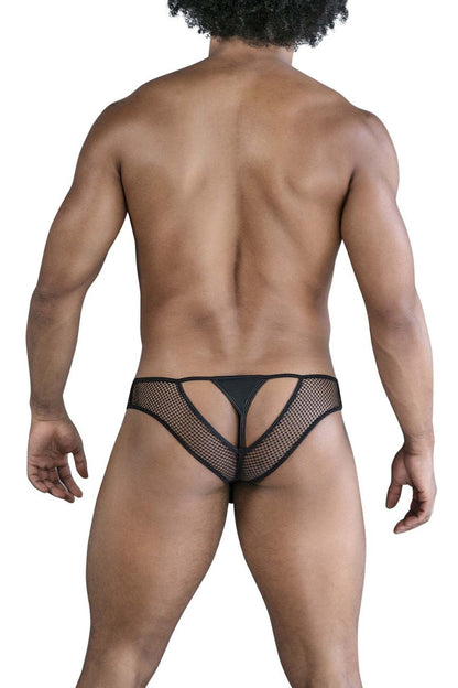Black mesh thong with cut-out back design from candyman 99826 fishnet thongs in black shown from the back side