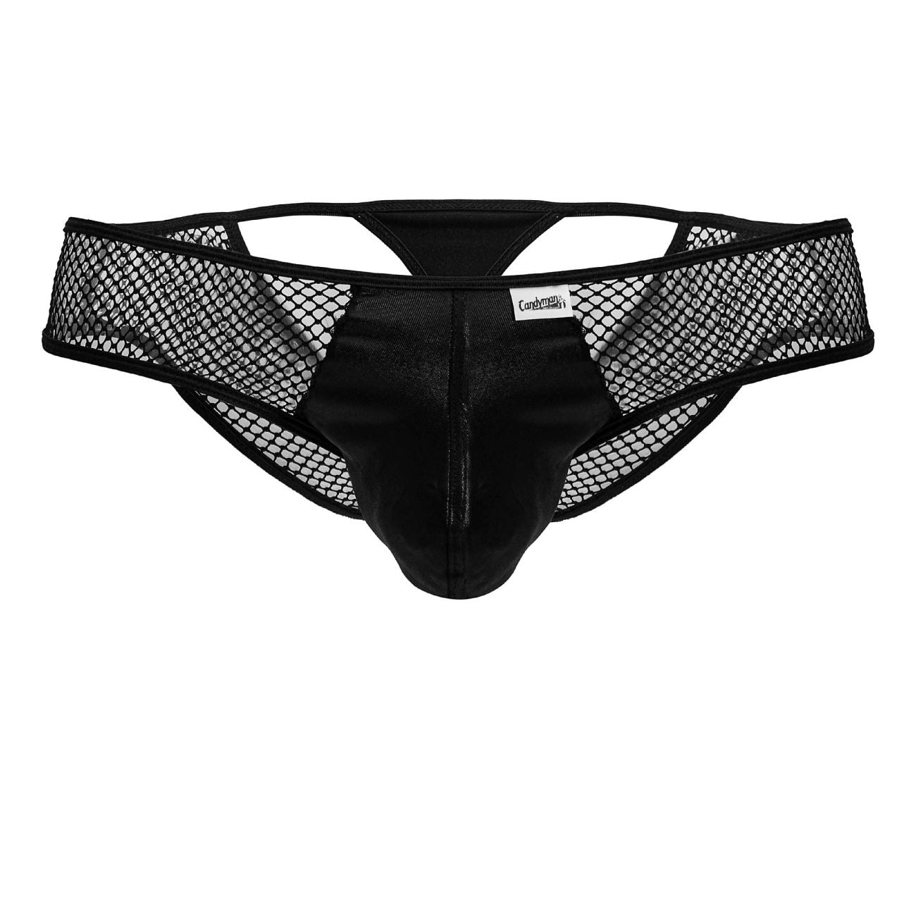 Black mesh and satin briefs with a central front panel candyMan 99826 fishnet thongs in black color