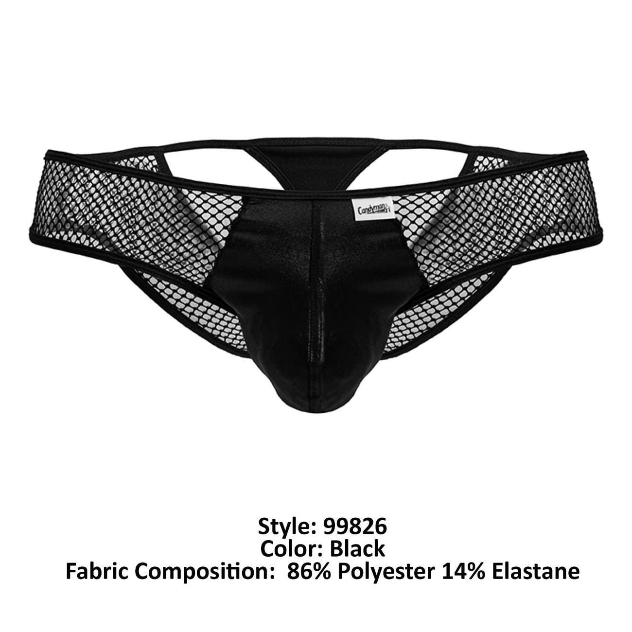 Black candyMan 99826 fishnet thong briefs with satin and mesh, central seam, and corduroy waistband label