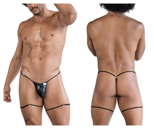 Black leather thong with gold chain detailing from candyman 99827 chain-garter thongs in black color front view