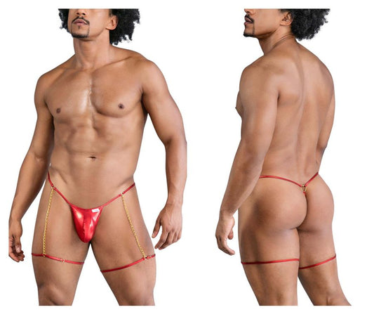 Red metallic thong with gold chain straps from candyman 99827 chain-garter thongs in red color shown from the back