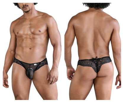 Black lace-trimmed mens thong with sheer mesh front panel candy man 99828 lace-mesh thongs color black