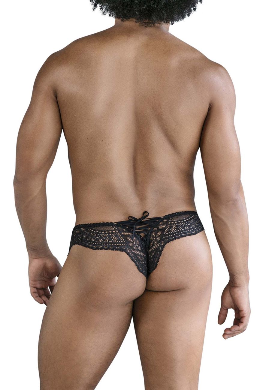 Black lace mesh thong with a tied-back design shown from the back in the candyman 99828 collection