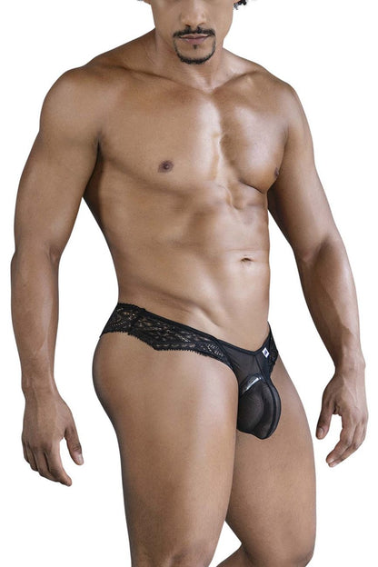 Black lace-trimmed mens briefs with mesh panel and small logo on the side candy man 99828 lace mesh thongs black
