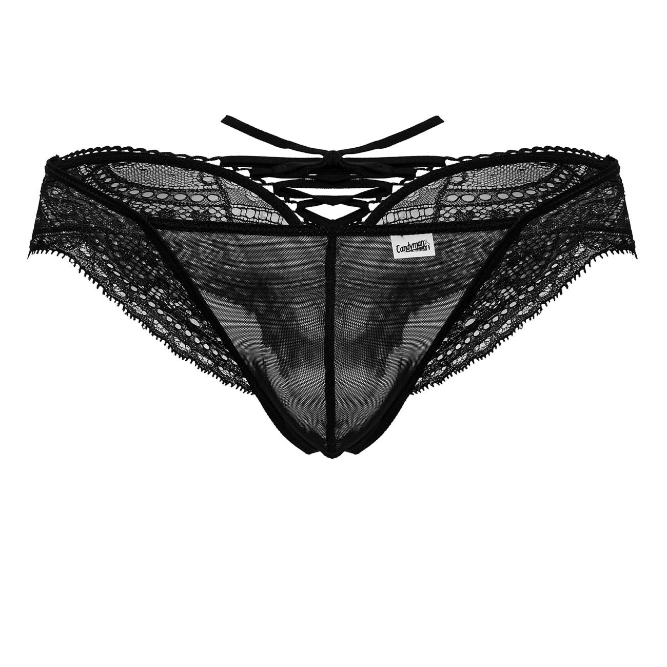 Black lace mesh thong candyMan 99828 with crisscross back tie and sheer panel showing back side