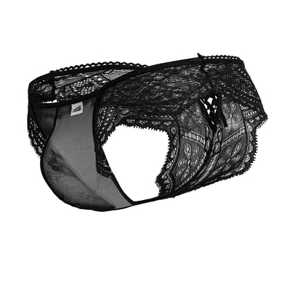 CandyMan 99828 black lace mesh thongs for men featuring intricate floral patterns and a mesh panel on front