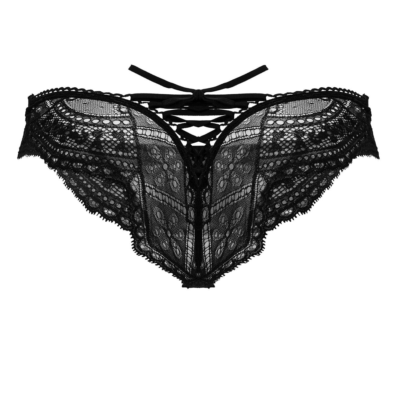 Black lace mesh thong CandyMan 99828 with intricate floral patterns and tied-back design shown from the back side