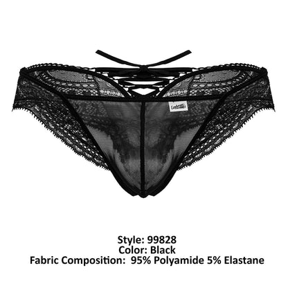 Black lace mesh thong candyMan 99828 with scalloped edges and crisscross back tie shown from the back side