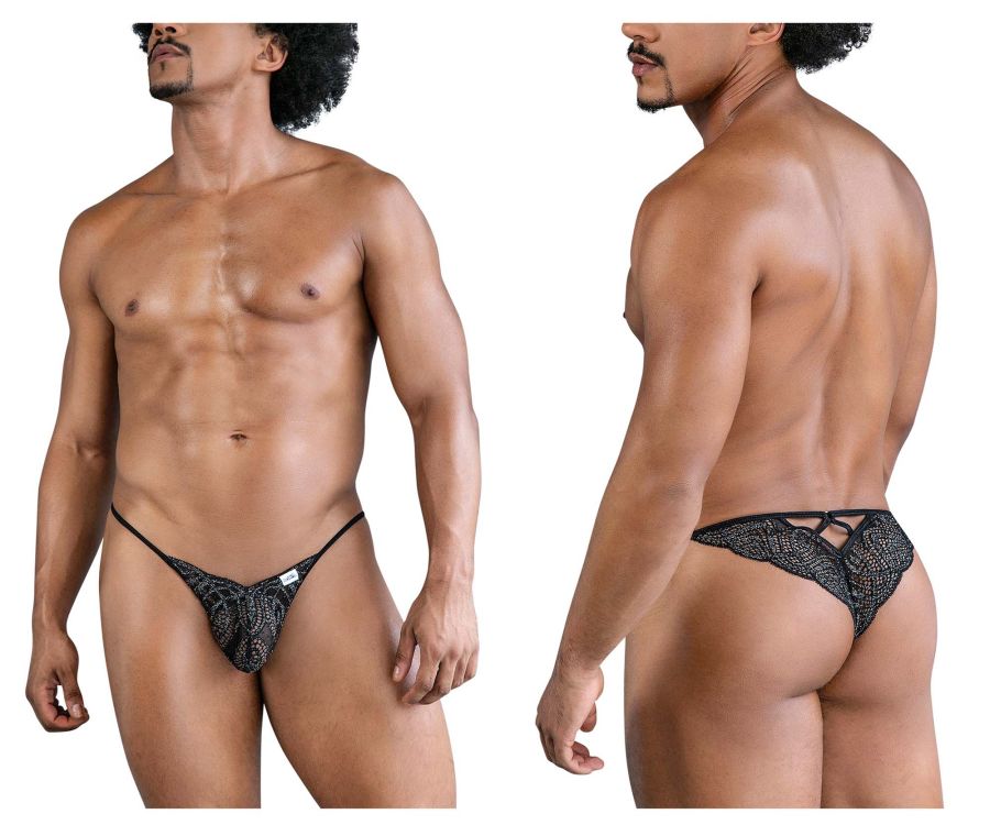 Black lace thong CandyMan 99829 in black with textured patterned design and adjustable straps shown from the back