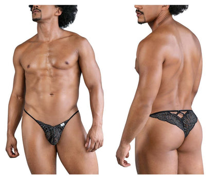 Black lace thong CandyMan 99829 in black with textured patterned design and adjustable straps shown from the back