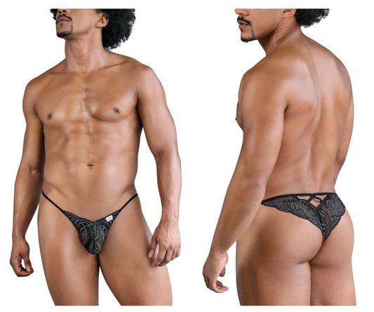 Black lace thong CandyMan 99829 in black with textured patterned design and adjustable straps shown from the back