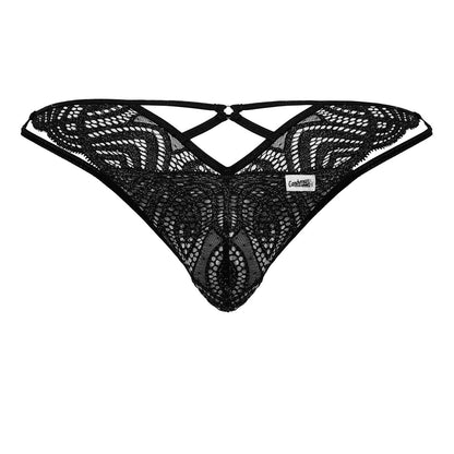 Black lace thong candyman 99829 with intricate geometric patterns and crisscross back design shown from the back