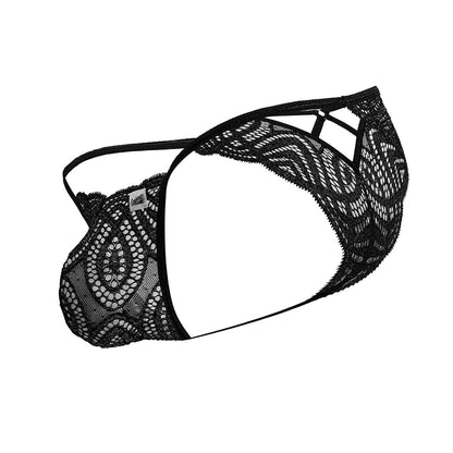 CandyMan 99829 black lace thong with intricate floral patterns and delicate sheer design shown from the back side