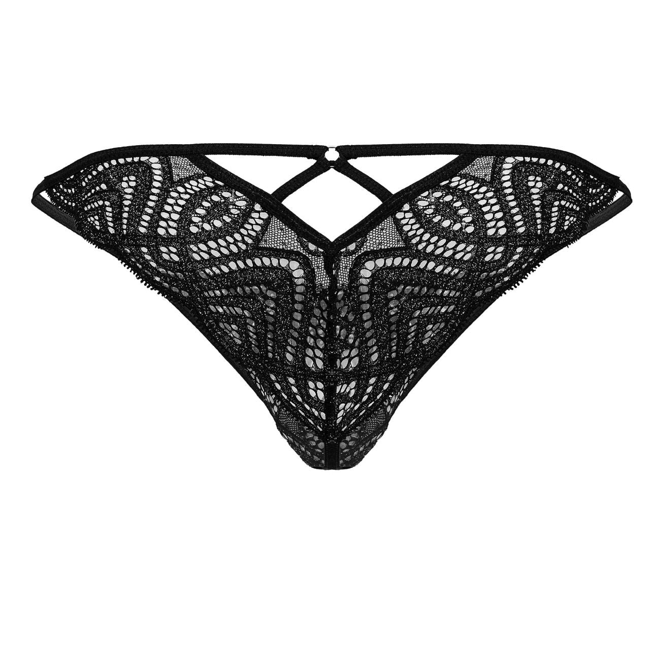 Black candyMan 99829 lace thong with intricate geometric circular patterns and crisscross back design