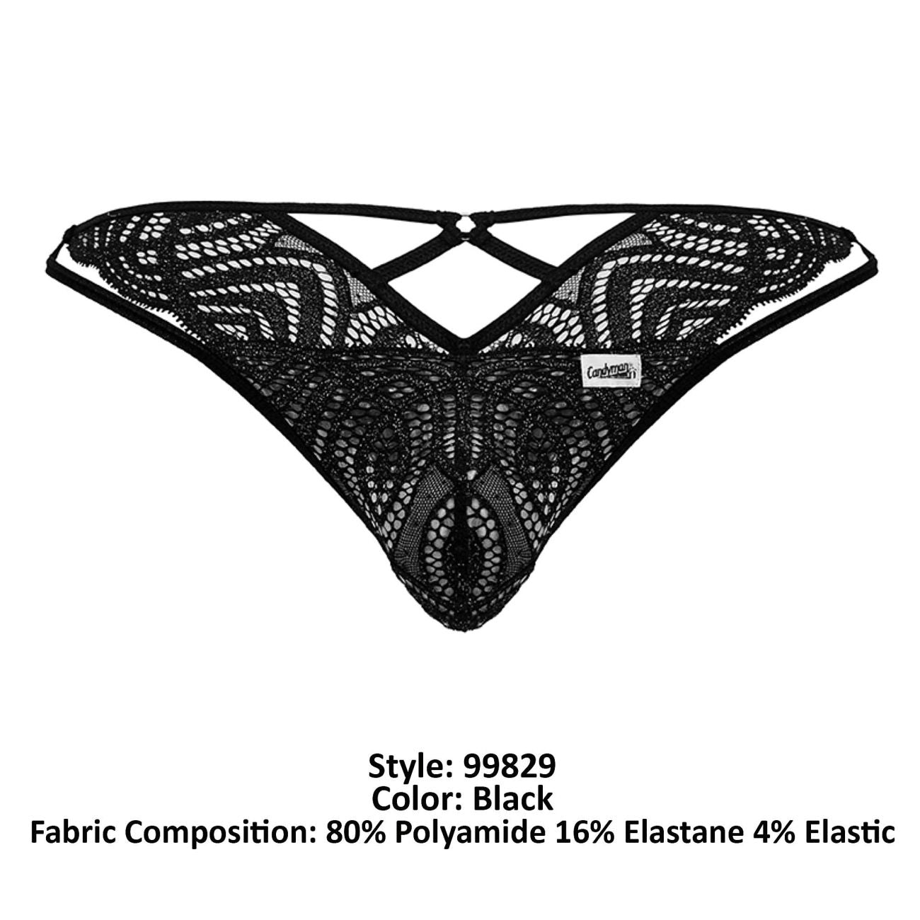 Black lace thong CandyMan 99829 with intricate patterned design and crisscross back strap shown from the back side