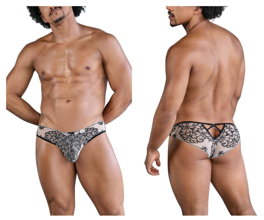 Black and white lace-trimmed mens briefs with decorative back tie design shown from the back in nude-black color