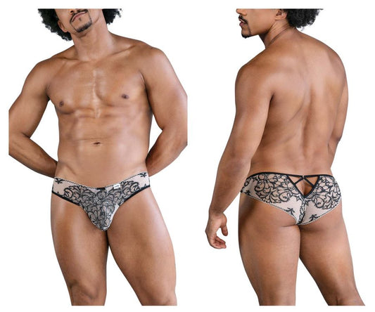 Black and white lace-trimmed mens briefs with decorative back tie design shown from the back in nude-black color