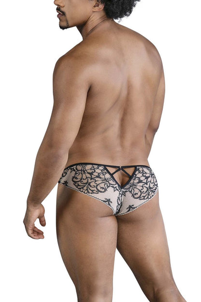 Black lace thong candyMan 99830 in nude-black with intricate floral patterns and back tie design shown from the back
