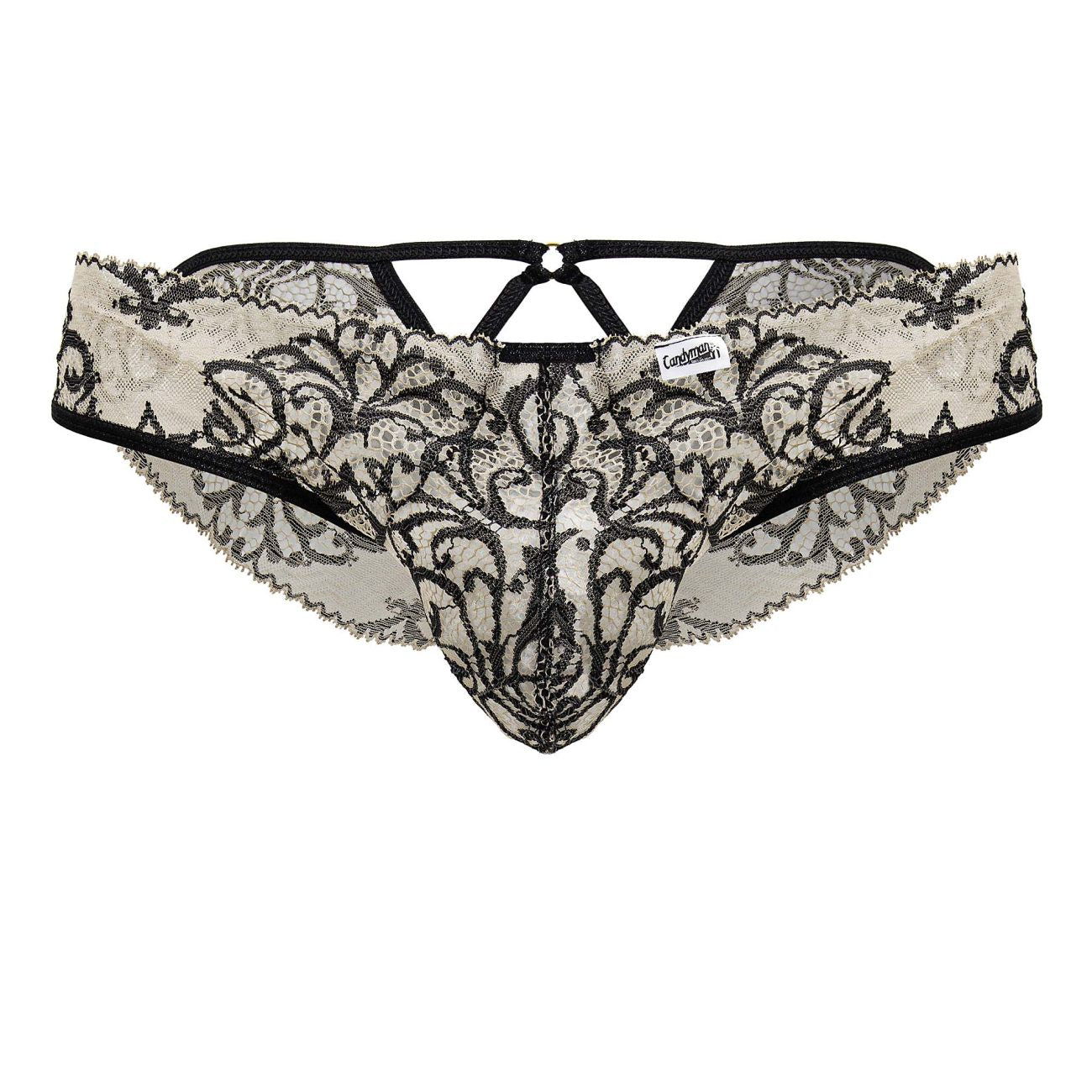 Black and cream lace thong with intricate floral patterns from Candyman 99830 lace briefs in nude black color