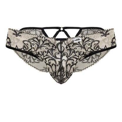 Black and cream lace thong with intricate floral patterns from Candyman 99830 lace briefs in nude black color