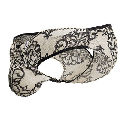 Candyman 99830 lace briefs in nude and black feature intricate floral lace patterns in a men’s underwear design