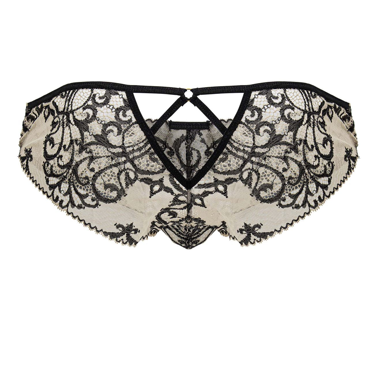 CandyMan 99830 lace briefs in nude-black with intricate black floral lace on sheer off-white fabric