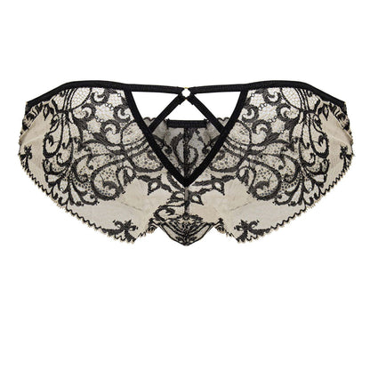 CandyMan 99830 lace briefs in nude-black with intricate black floral lace on sheer off-white fabric