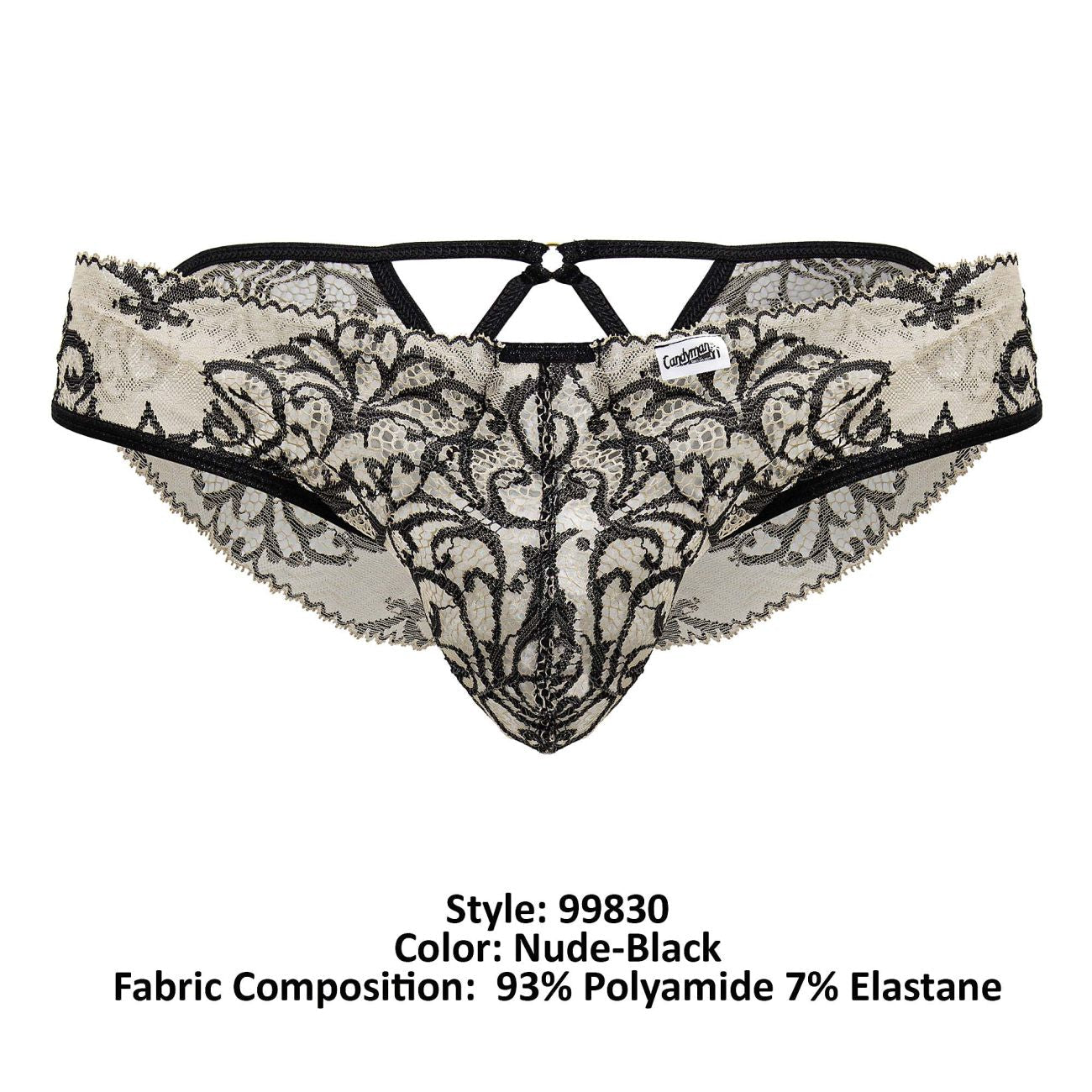 Black and nude lace thong with intricate floral patterns from candyman 99830 lace briefs collection