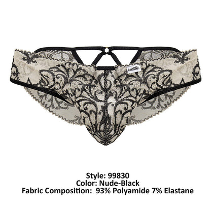 Black and nude lace thong with intricate floral patterns from candyman 99830 lace briefs collection